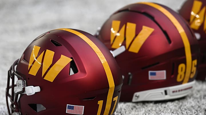 Dec 7, 2025; Minneapolis, Minnesota, USA; A detail view of the Washington Commanders helmet before the game at U.S. Bank Stadium. Mandatory Credit: Jeffrey Becker-Imagn Images