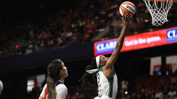 Aug 24, 2025; Washington, District of Columbia, USA; Seattle Storm forward Nneka Ogwumike (3) takes a shot during the first half against the Washington Mystics at CareFirst Arena. Mandatory Credit: Daniel Kucin Jr.-Imagn Images
