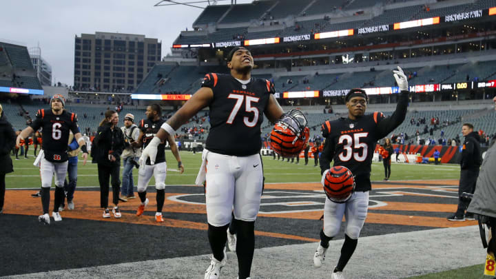 Dec 10, 2023; Cincinnati, Ohio, USA; Cincinnati Bengals offensive tackle Orlando Brown Jr. (75) and Dec 10, 2023; Cincinnati, Ohio, USA; Cincinnati Bengals offensive tackle Orlando Brown Jr. (75) and