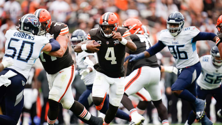 Cleveland Browns quarterback Deshaun Watson (4) runs the ball during the third quarter in Cleveland,