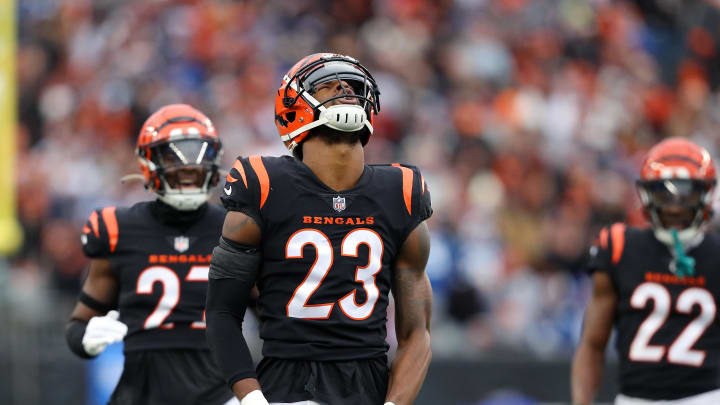 Dec 10, 2023; Cincinnati, Ohio, USA; Cincinnati Bengals safety Dax Hill (23) celebrates a pass
