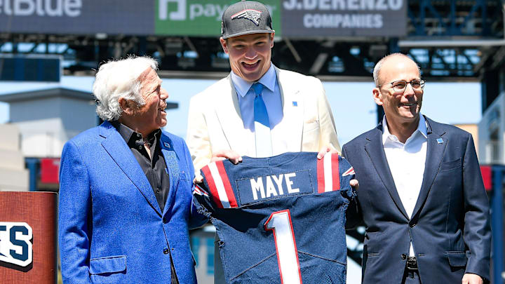 Apr 26, 2024; Foxborough, MA, USA; New England Patriots owner (L) Robert Kraft and president