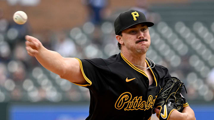 May 29, 2024; Detroit, Michigan, USA;  Pittsburgh Pirates pitcher Paul Skenes (30) throws a pitch against the Detroit Tigers in the second inning at Comerica Park. Mandatory Credit: Lon Horwedel-USA TODAY Sports