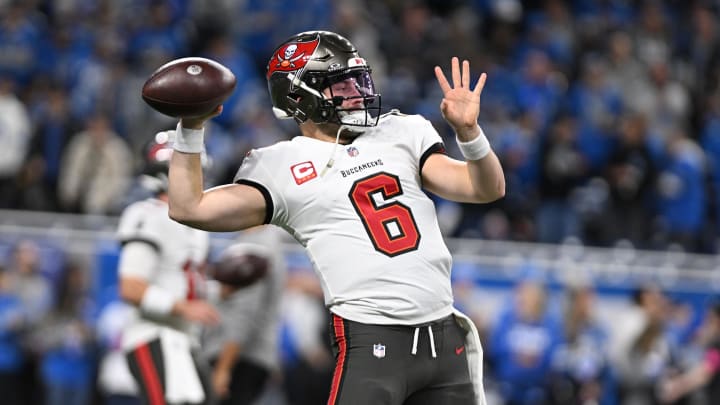 Jan 21, 2024; Detroit, Michigan, USA; Tampa Bay Buccaneers quarterback Baker Mayfield (6) warms up before a 2024 NFC divisional round game against the Detroit Lions at Ford Field. Mandatory Credit: Lon Horwedel-USA TODAY Sports