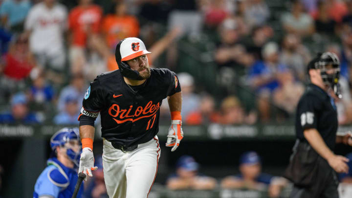 Jul 29, 2024; Baltimore, Maryland, USA; Baltimore Orioles outfielder Colton Cowser (17) reacts after hitting a home run during the first inning against the Toronto Blue Jays at Oriole Park at Camden Yards. Mandatory Credit: Reggie Hildred-USA TODAY Sports