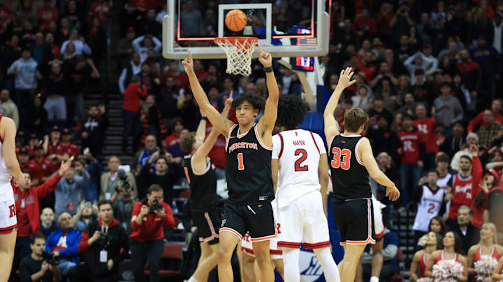 Princeton Tigers guard Lee celebrates a win over Rutgers Scarlet Knights at Prudential Center. 