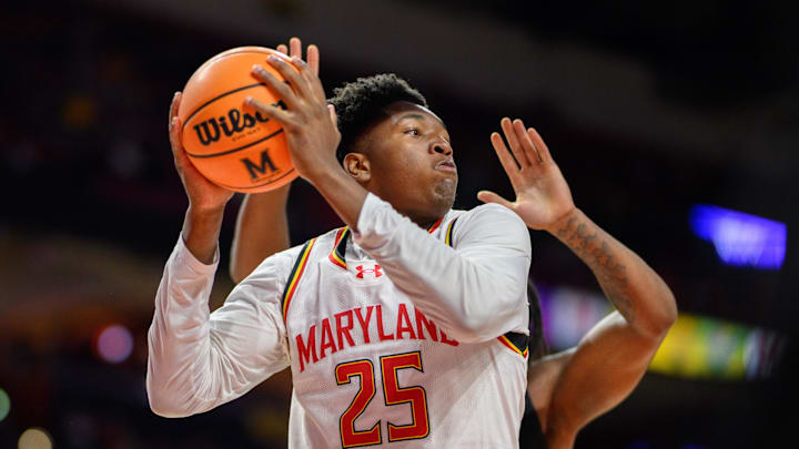 Dec 28, 2024; College Park, Maryland, USA; Maryland Terrapins center Derik Queen (25) drives to the basket against the Maryland-Eastern Shore Hawks during the second half at Xfinity Center. Mandatory Credit: Reggie Hildred-Imagn Images Dec 28, 2024; College Park, Maryland, USA; Maryland Terrapins center Derik Queen (25) drives to the basket against the Maryland-Eastern Shore Hawks during the second half at Xfinity Center. Mandatory Credit: Reggie Hildred-Imagn Images