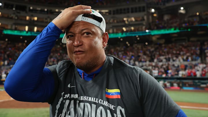 Venezuela hitting coach Miguel Cabrera reacts to his country winning the 2026 World Baseball Classic.
