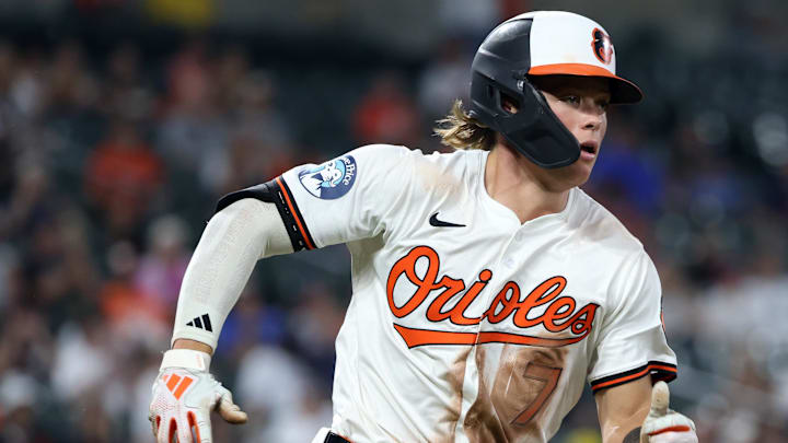 Jun 10, 2025; Baltimore, Maryland, USA; Baltimore Orioles second baseman Jackson Holliday (7) hits a double during the eighth inning against the Detroit Tigers at Oriole Park at Camden Yards. Mandatory Credit: Daniel Kucin Jr.-Imagn Images Jun 10, 2025; Baltimore, Maryland, USA; Baltimore Orioles second baseman Jackson Holliday (7) hits a double during the eighth inning against the Detroit Tigers at Oriole Park at Camden Yards. Mandatory Credit: Daniel Kucin Jr.-Imagn Images