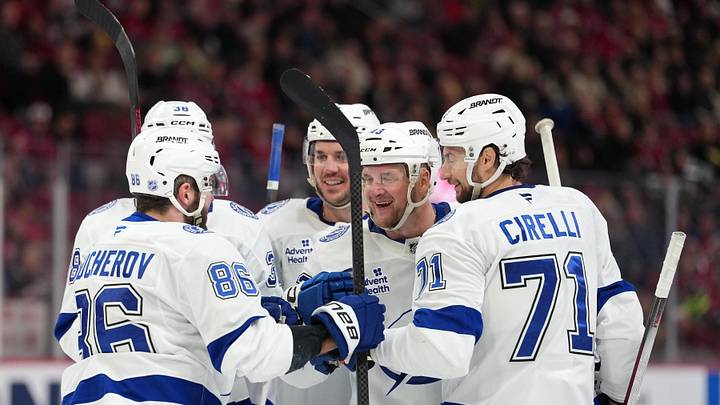 Dec 9, 2025; Montreal, Quebec, CAN; Tampa Bay Lightning defenseman Darren Raddysh (43) celebrates with teammates including forward Nikita Kucherov (86) and defenseman Max crozier (24) and forward Anthony Cirelli (71) after scoring a goal against the Montreal Canadiens during the third period at the Bell Centre. Mandatory Credit: Eric Bolte-Imagn Images Dec 9, 2025; Montreal, Quebec, CAN; Tampa Bay Lightning defenseman Darren Raddysh (43) celebrates with teammates including forward Nikita Kucherov (86) and defenseman Max crozier (24) and forward Anthony Cirelli (71) after scoring a goal against the Montreal Canadiens during the third period at the Bell Centre. Mandatory Credit: Eric Bolte-Imagn Images