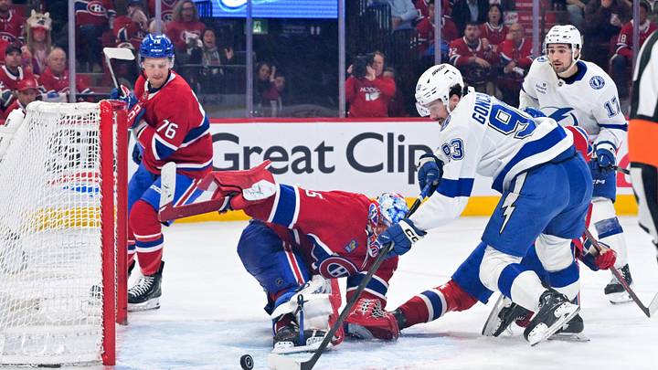 May 1, 2026; Montreal, Quebec, CAN; Tampa Bay Lightning forward Gage Goncalves (93) scores the winning goal against Montreal Canadiens goalie Jakub Dobes (75) during the overtime period in game six of the first round of the 2026 Stanley Cup Playoffs at the Bell Centre. Mandatory Credit: Eric Bolte-Imagn Images May 1, 2026; Montreal, Quebec, CAN; Tampa Bay Lightning forward Gage Goncalves (93) scores the winning goal against Montreal Canadiens goalie Jakub Dobes (75) during the overtime period in game six of the first round of the 2026 Stanley Cup Playoffs at the Bell Centre. Mandatory Credit: Eric Bolte-Imagn Images