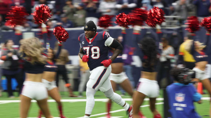 Jan 13, 2024; Houston, Texas, USA; Houston Texans offensive tackle Laremy Tunsil (78) is introduced before playing against the Cleveland Browns in a 2024 AFC wild card game at NRG Stadium. Mandatory Credit: Thomas Shea-USA TODAY Sports Jan 13, 2024; Houston, Texas, USA; Houston Texans offensive tackle Laremy Tunsil (78) is introduced before playing against the Cleveland Browns in a 2024 AFC wild card game at NRG Stadium. Mandatory Credit: Thomas Shea-USA TODAY Sports