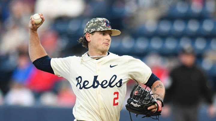 Ole Miss pitcher Riley Maddox (2) pitches against Mississippi State at Swayze Field in Oxford, Miss., on Friday, Apr. 12, 2024.