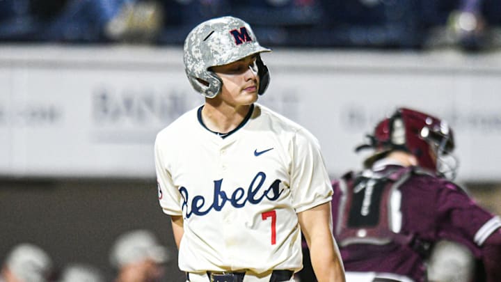 Ole Miss infielder Luke Hill (7) reacts to striking out in the 8th inning against Mississippi State at Swayze Field in Oxford, Miss., on Friday, Apr. 12, 2024.