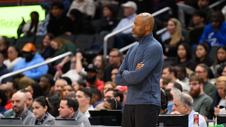 Mar 21, 2025; Washington, District of Columbia, USA; Orlando Magic head coach Jamahl Mosley look on during the second quarter against the Washington Wizards at Capital One Arena. Mandatory Credit: Reggie Hildred-Imagn Images