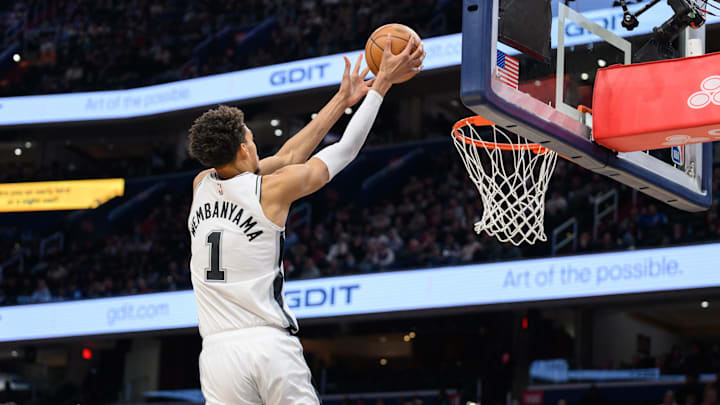 Feb 10, 2025; Washington, District of Columbia, USA; San Antonio Spurs center Victor Wembanyama (1) dunks the ball during the third quarter against the Washington Wizards at Capital One Arena. Mandatory Credit: Reggie Hildred-Imagn Images