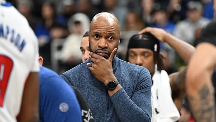 Orlando Magic head coach Jamahl Mosley reacts as he watches trainers work on Detroit Pistons guard Jaden Ivey (not pictured) who injured his left leg against the Magic in the fourth quarter at Little Caesars Arena. Orlando Magic head coach Jamahl Mosley reacts as he watches trainers work on Detroit Pistons guard Jaden Ivey (not pictured) who injured his left leg against the Magic in the fourth quarter at Little Caesars Arena.