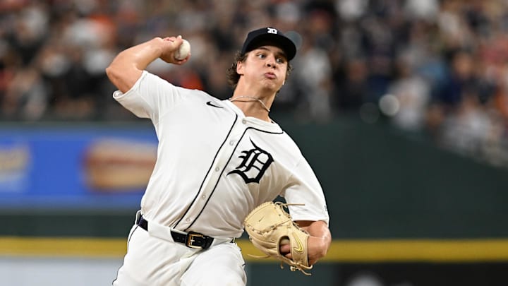 Sep 25, 2024; Detroit, Michigan, USA;  Detroit Tigers pitcher Jackson Jobe (21) throws a pitch against the Tampa Bay Rays in his major league debut in the ninth inning at Comerica Park. 