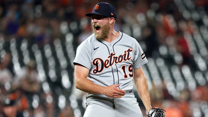 Jun 10, 2025; Baltimore, Maryland, USA; Detroit Tigers pitcher Will Vest (19) celebrates after a game against the Baltimore Orioles at Oriole Park at Camden Yards. Mandatory Credit: Daniel Kucin Jr.-Imagn Images