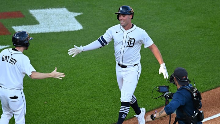 Jun 29, 2025; Detroit, Michigan, USA; Detroit Tigers right fielder Kerry Carpenter (30) celebrates after hitting a solo home run against the Minnesota Twins in the first inning at Comerica Park.