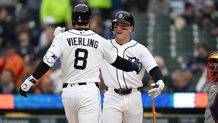 Detroit Tigers center fielder Matt Vierling celebrates with teammate Kevin McGonigle.