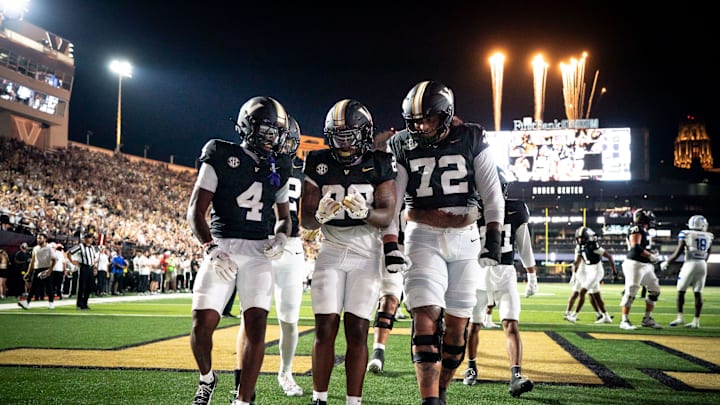 Vanderbilt running back Sedrick Alexander (28) celebrates his touchdown against Georgia State during the second quarter at FirstBank Stadium in Nashville, Tenn., Saturday, Sept. 20, 2025.
