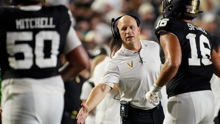 Vanderbilt coach Clark Lea works with his team against Georgia State during the second quarter at FirstBank Stadium in Nashville, Tenn., Saturday, Sept. 20, 2025.