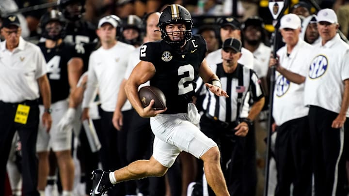 Vanderbilt quarterback Diego Pavia (2) runs the ball against Georgia State during the first quarter at FirstBank Stadium in Nashville, Tenn., Saturday, Sept. 20, 2025. Vanderbilt quarterback Diego Pavia (2) runs the ball against Georgia State during the first quarter at FirstBank Stadium in Nashville, Tenn., Saturday, Sept. 20, 2025.