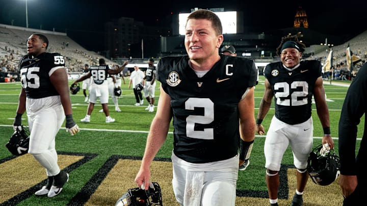 Vanderbilt quarterback Diego Pavia (2) celebrates after defeating Georgia State 70-21 at FirstBank Stadium in Nashville, Tenn., Saturday, Sept. 20, 2025. Vanderbilt quarterback Diego Pavia (2) celebrates after defeating Georgia State 70-21 at FirstBank Stadium in Nashville, Tenn., Saturday, Sept. 20, 2025.