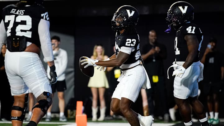 Vanderbilt running back AJ Newberry (23) celebrates his touchdown against Georgia State during the second quarter at FirstBank Stadium in Nashville, Tenn., Saturday, Sept. 20, 2025.