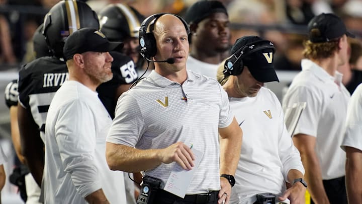 Vanderbilt coach Clark Lea works with his team against Georgia State during the second quarter at FirstBank Stadium in Nashville, Tenn., Saturday, Sept. 20, 2025.