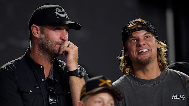 Former NFL quarterback Jay Cutler, left, and comedian Theo Von, right, watch the second quarter between Vanderbilt and Georgia State at FirstBank Stadium in Nashville, Tenn., Saturday, Sept. 20, 2025.