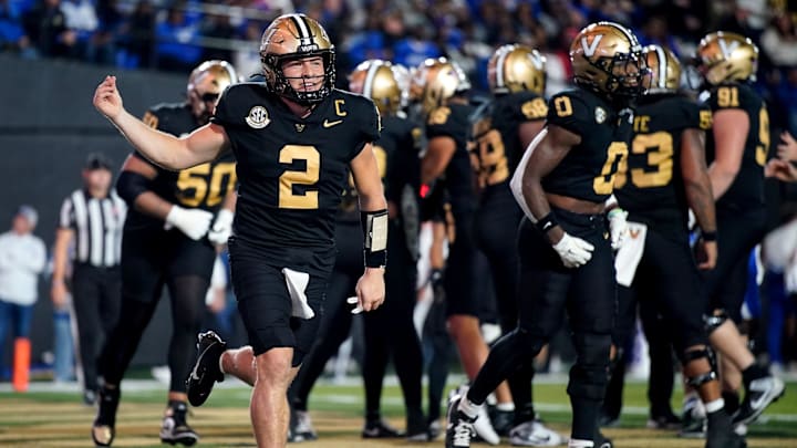 Vanderbilt quarterback Diego Pavia (2) celebrates after wide receiver Richie Hoskins scoring a touchdown against Kentucky during the third quarter at FirstBank Stadium in Nashville, Tenn., Saturday, Nov. 22, 2025.