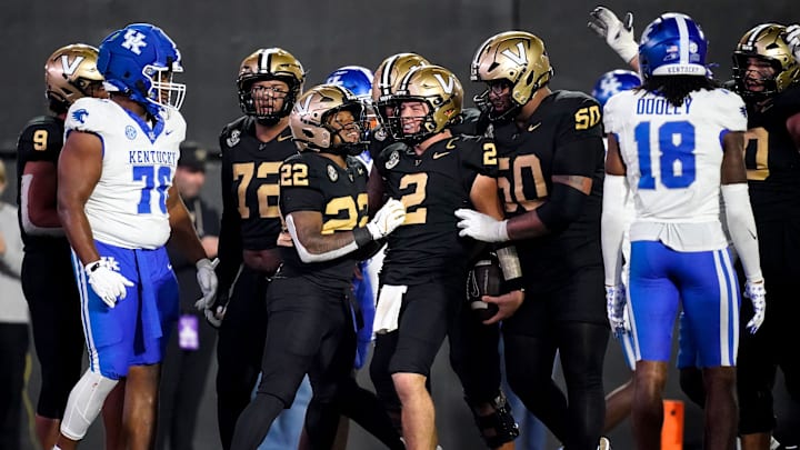 Vanderbilt quarterback Diego Pavia (2) celebrates his touchdown against Kentucky during the third quarter at FirstBank Stadium in Nashville, Tenn., Saturday, Nov. 22, 2025.