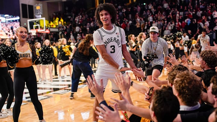 Vanderbilt guard Tyler Tanner (3) celebrates after defeating Alabama at Memorial Gymnasium in Nashville, Tenn., Wednesday, Jan. 7, 2026.