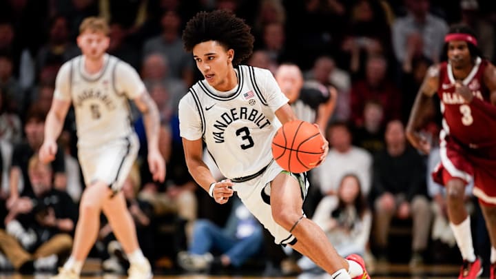 Vanderbilt guard Tyler Tanner (3) brings the ball up the court against Alabama during the second half at Memorial Gymnasium in Nashville, Tenn., Wednesday, Jan. 7, 2026.