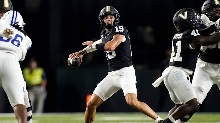 Vanderbilt quarterback Blaze Berlowitz (19) winds up to throw the ball against Georgia State during the third quarter at FirstBank Stadium in Nashville, Tenn., Saturday, Sept. 20, 2025. Vanderbilt quarterback Blaze Berlowitz (19) winds up to throw the ball against Georgia State during the third quarter at FirstBank Stadium in Nashville, Tenn., Saturday, Sept. 20, 2025.