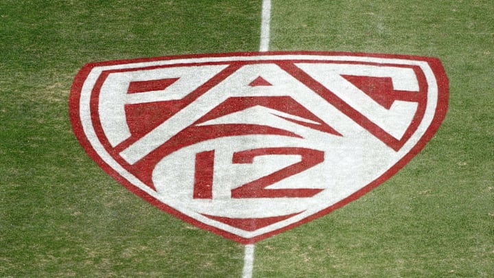 Oct 17, 2019; Stanford, CA, USA; Detailed view of the Pac-12 Conference  logo on the field at Stanford Stadium. Mandatory Credit: Kirby Lee-Imagn Images