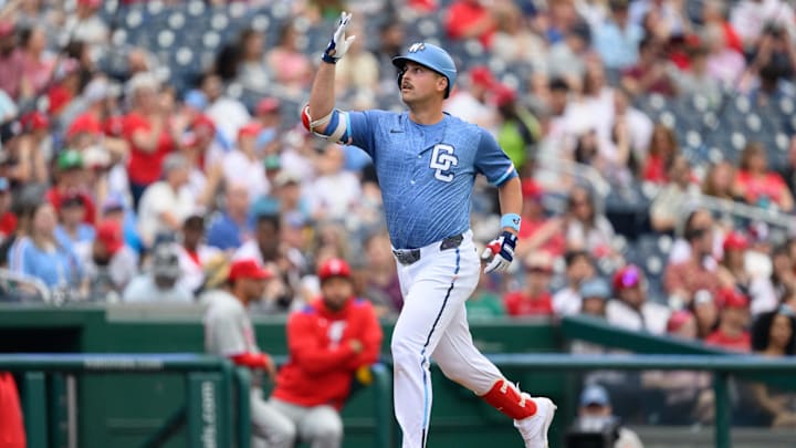 Mar 29, 2025; Washington, District of Columbia, USA; Washington Nationals first baseman Nathaniel Lowe (33) celebrates after hitting two run home run during the eighth inning against the Philadelphia Phillies at Nationals Park. Mar 29, 2025; Washington, District of Columbia, USA; Washington Nationals first baseman Nathaniel Lowe (33) celebrates after hitting two run home run during the eighth inning against the Philadelphia Phillies at Nationals Park.