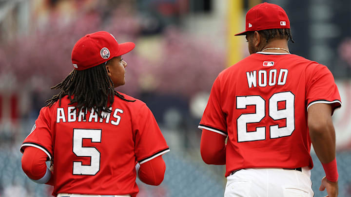 Apr 6, 2025; Washington, District of Columbia, USA; Washington Nationals shortstop CJ Abrams (5) and Washington Nationals outfielder James Wood (29) run on to the field before the ninth inning against the Arizona Diamondbacks at Nationals Park. Apr 6, 2025; Washington, District of Columbia, USA; Washington Nationals shortstop CJ Abrams (5) and Washington Nationals outfielder James Wood (29) run on to the field before the ninth inning against the Arizona Diamondbacks at Nationals Park.