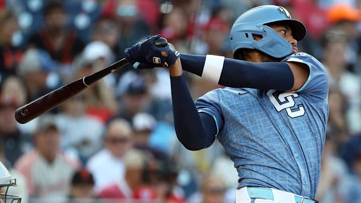 May 24, 2025; Washington, District of Columbia, USA; Washington Nationals outfielder James Wood (29) takes a swing during the sixth inning against the San Francisco Giants at Nationals Park. May 24, 2025; Washington, District of Columbia, USA; Washington Nationals outfielder James Wood (29) takes a swing during the sixth inning against the San Francisco Giants at Nationals Park.