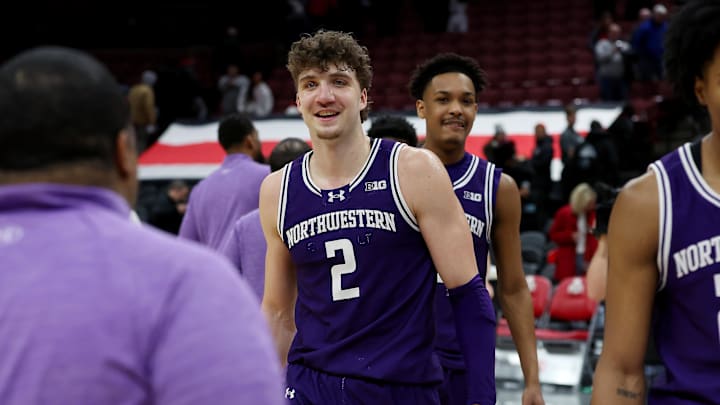 Feb 20, 2025; Columbus, Ohio, USA;  Northwestern Wildcats forward Nick Martinelli (2) celebrates following the road win against the Ohio State Buckeyes at Value City Arena. Mandatory Credit: Joseph Maiorana-Imagn Images