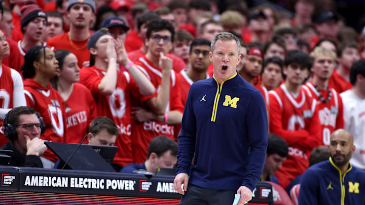 Feb 16, 2025; Columbus, Ohio, USA;  Michigan Wolverines head coach Dusty May reacts to a call during the first half against the Ohio State Buckeyes at Value City Arena. Mandatory Credit: Joseph Maiorana-Imagn Images