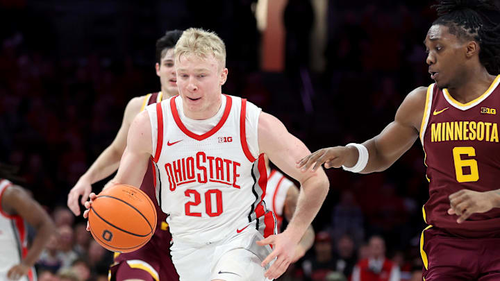 Jan 20, 2026; Columbus, Ohio, USA; Ohio State Buckeyes forward Colin White (20) drives to the basket during overtime against the Minnesota Golden Gophers at Value City Arena. Mandatory Credit: Joseph Maiorana-Imagn Images Jan 20, 2026; Columbus, Ohio, USA; Ohio State Buckeyes forward Colin White (20) drives to the basket during overtime against the Minnesota Golden Gophers at Value City Arena. Mandatory Credit: Joseph Maiorana-Imagn Images