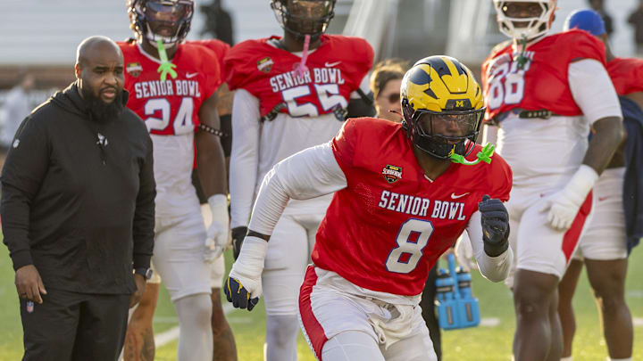 Jan 29, 2026; Mobile, AL, USA; American defensive end Derrick Moore (8) of Michigan works in a drill during American Senior Bowl practice at Hancock Whitney Stadium. Mandatory Credit: Vasha Hunt-Imagn Images