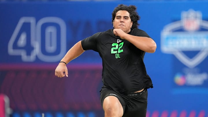 Mar 1, 2026; Indianapolis, IN, USA;  Utah offensive lineman Spencer Fano (OL22) during the NFL Scouting Combine at Lucas Oil Stadium. Mandatory Credit: Kirby Lee-Imagn Images