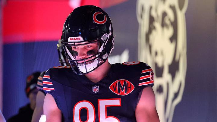 Dec 20, 2025; Chicago, Illinois, USA; Chicago Bears tight end Cole Kmet (85) takes the field before the game against the Green Bay Packers at Soldier Field. Mandatory Credit: Mike Dinovo-Imagn Images