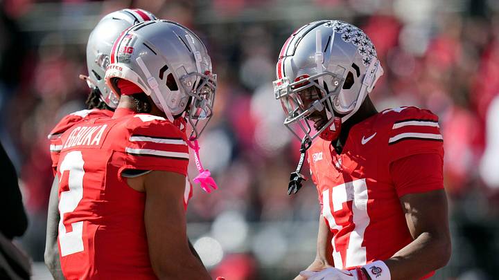 Ohio State Buckeyes wide receiver Carnell Tate (17) celebrates his touchdown with Ohio State Buckeyes wide receiver Emeka Egbuka (2) against Nebraska Cornhuskers during the first quarter of their game at Ohio Stadium on Oct 26, 2024, in Columbus.