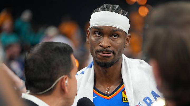 May 22, 2026; San Antonio, Texas, USA; Oklahoma City Thunder guard Shai Gilgeous-Alexander (2) talks to the media after game three of the western conference finals for the 2026 NBA playoffs at Frost Bank Center. Mandatory Credit: Scott Wachter-Imagn Images May 22, 2026; San Antonio, Texas, USA; Oklahoma City Thunder guard Shai Gilgeous-Alexander (2) talks to the media after game three of the western conference finals for the 2026 NBA playoffs at Frost Bank Center. Mandatory Credit: Scott Wachter-Imagn Images