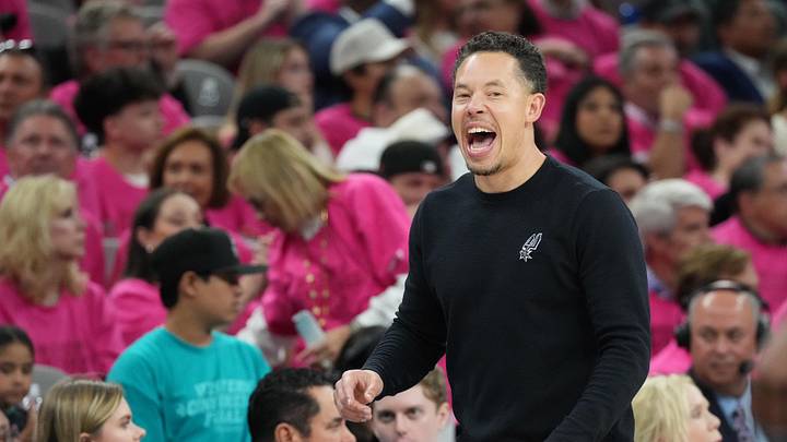 May 22, 2026; San Antonio, Texas, USA;San Antonio Spurs head coach Mitch Johnson reacts against the Oklahoma City Thunder  in the first half during game three of the western conference finals for the 2026 NBA playoffs at Frost Bank Center. Mandatory Credit: Scott Wachter-Imagn Images